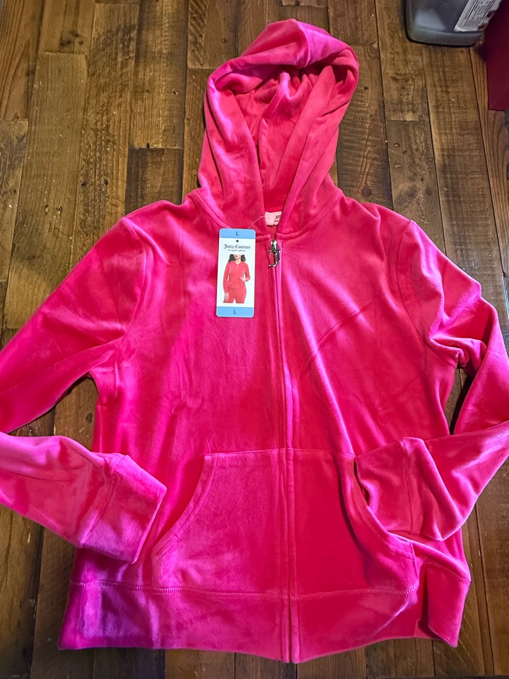 Juicy Couture Velour Full Zip Hooded Hoodie Rhinestone Logo L PINK SOFT 💓